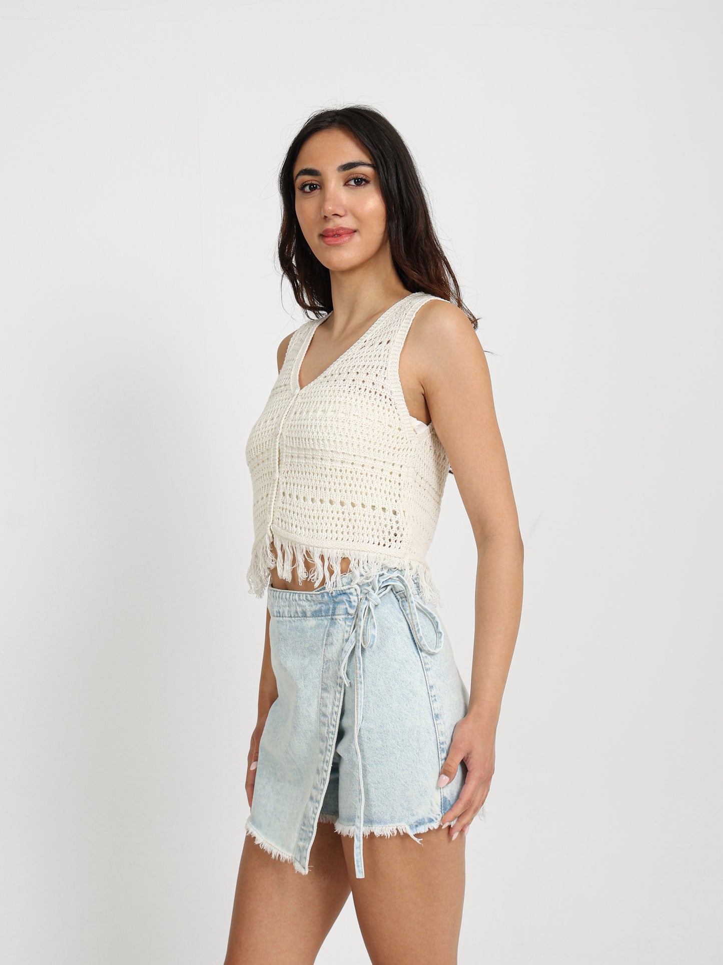 Sleeveless Button-Up Top with Tassels