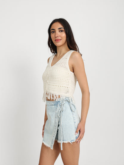 Sleeveless Button-Up Top with Tassels