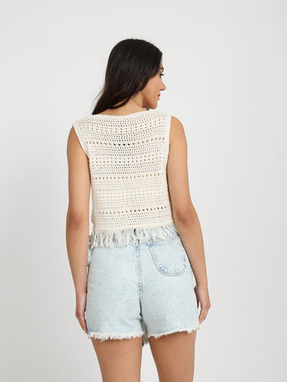 Sleeveless Button-Up Top with Tassels