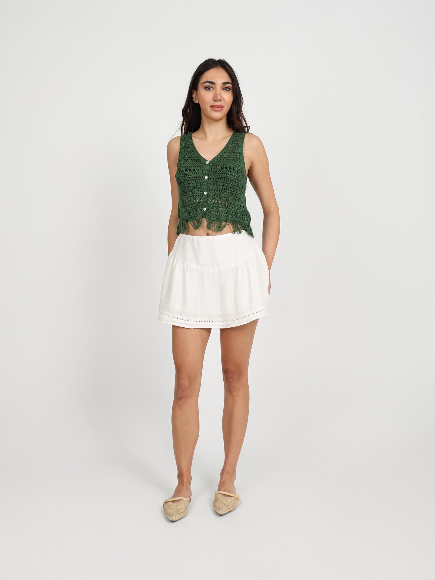 Sleeveless Button-Up Top with Tassels