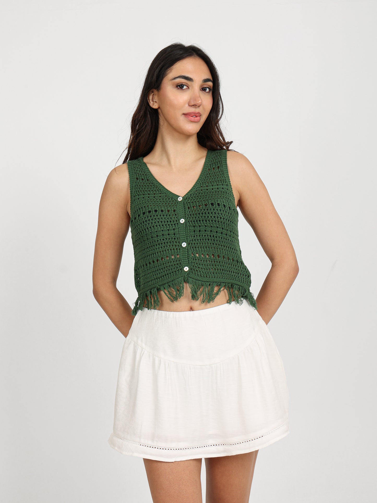 Sleeveless Button-Up Top with Tassels