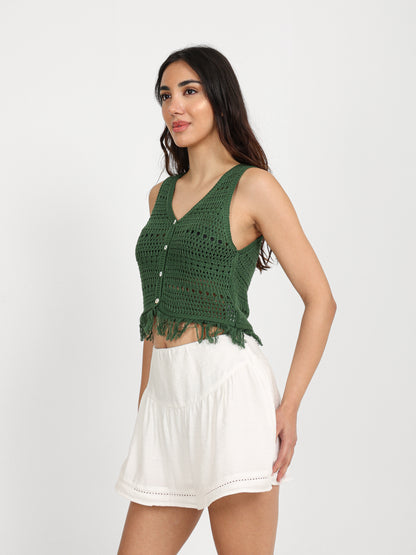 Sleeveless Button-Up Top with Tassels