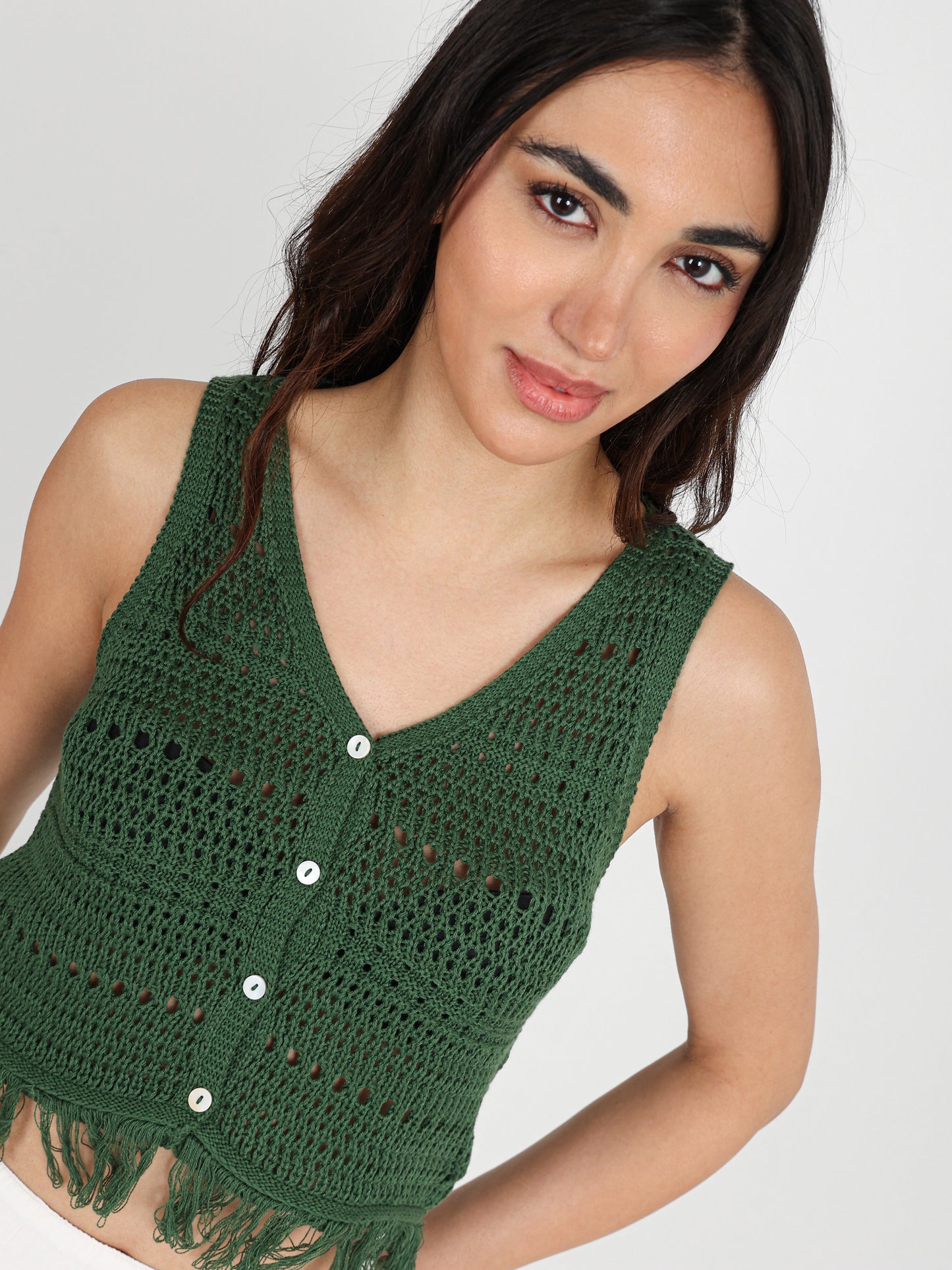 Sleeveless Button-Up Top with Tassels