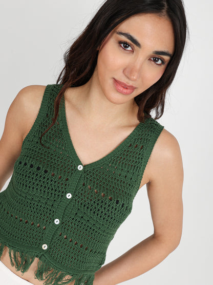 Sleeveless Button-Up Top with Tassels