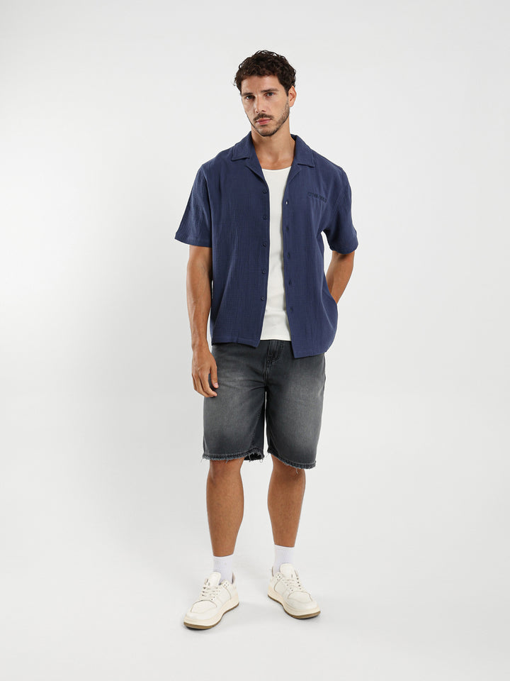 Box Fit Camp Collar Shirt With Embossed Detail