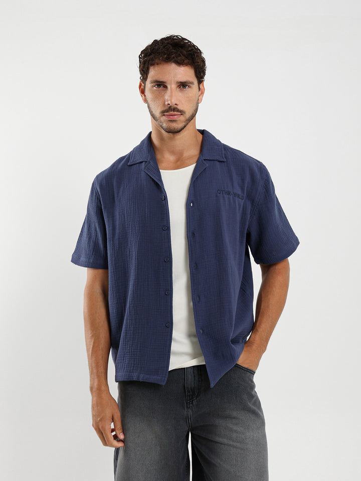 Box Fit Camp Collar Shirt With Embossed Detail