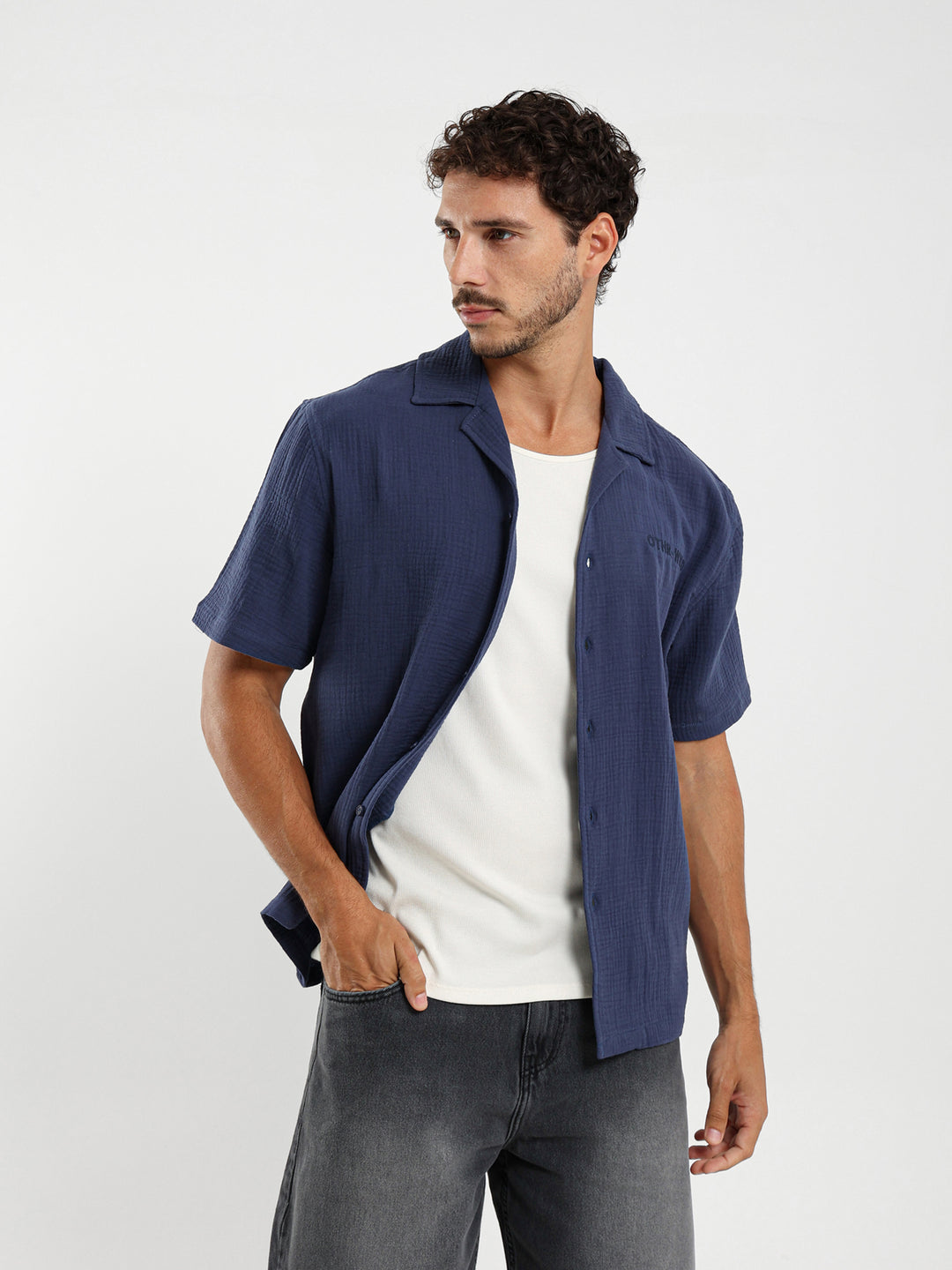 Box Fit Camp Collar Shirt With Embossed Detail