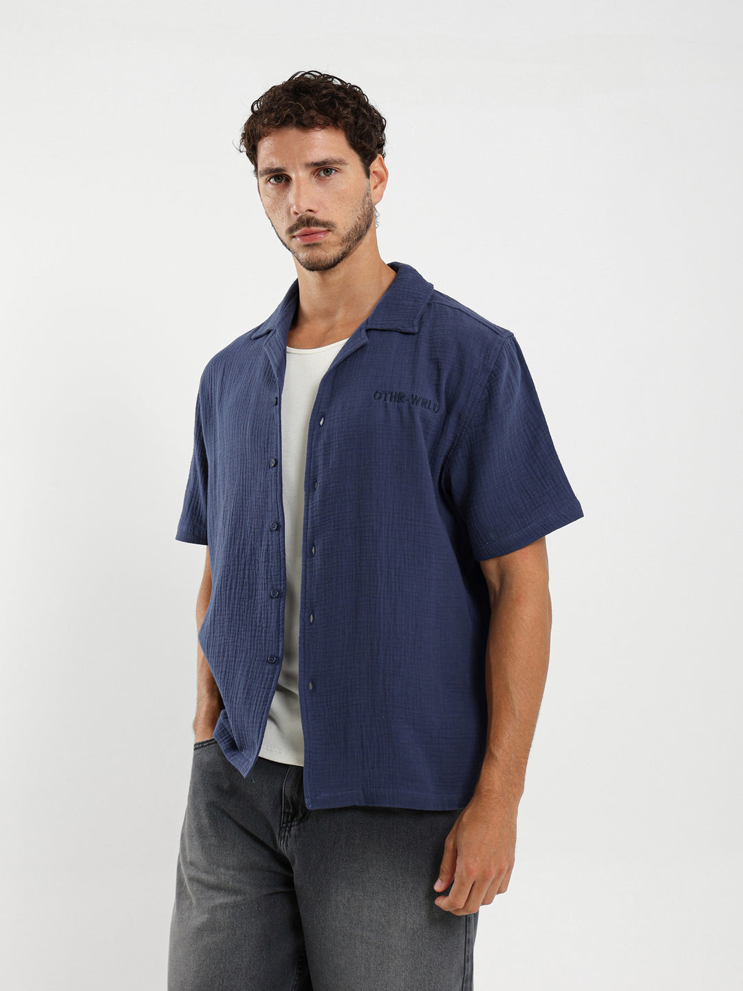 Box Fit Camp Collar Shirt With Embossed Detail