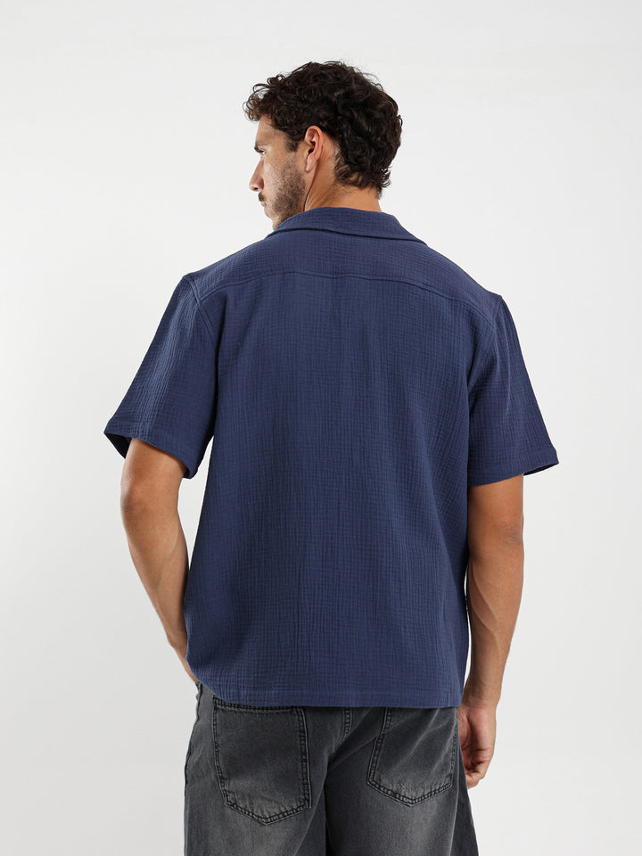 Box Fit Camp Collar Shirt With Embossed Detail