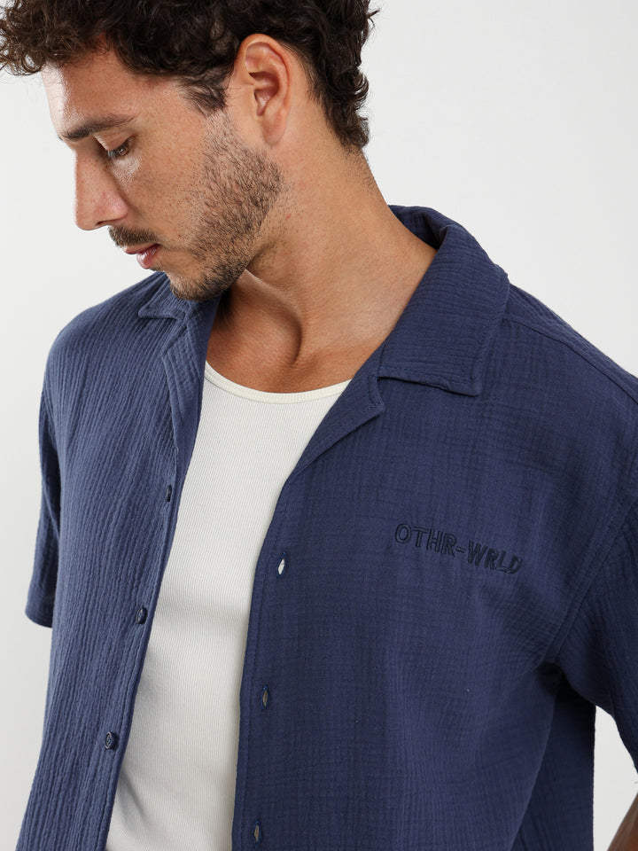 Box Fit Camp Collar Shirt With Embossed Detail