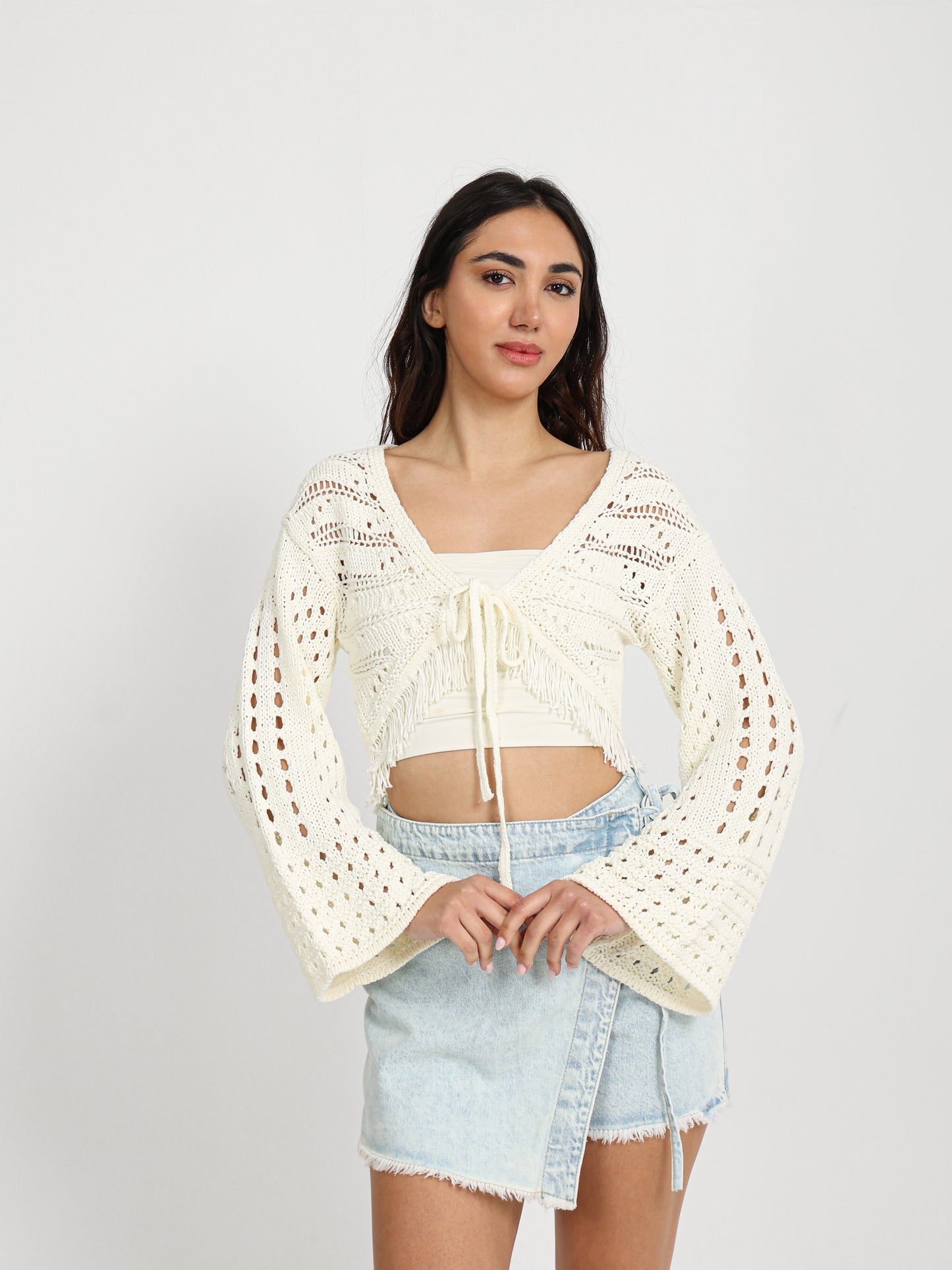 Cropped Bell-Sleeve Tie-Front Cardigan