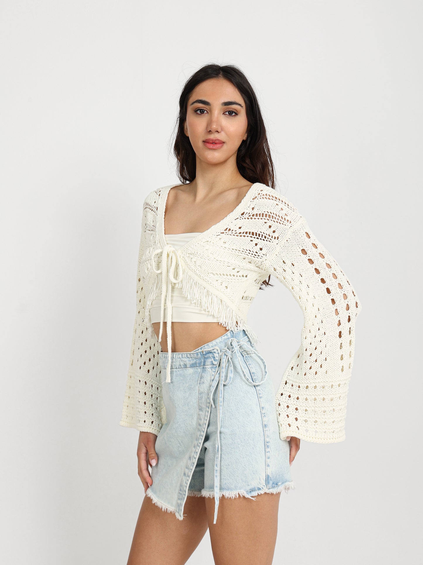 Cropped Bell-Sleeve Tie-Front Cardigan