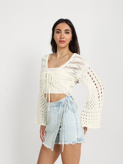 Cropped Bell-Sleeve Tie-Front Cardigan