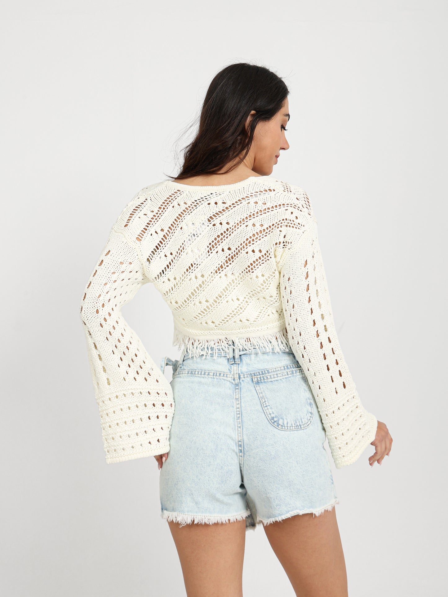 Cropped Bell-Sleeve Tie-Front Cardigan