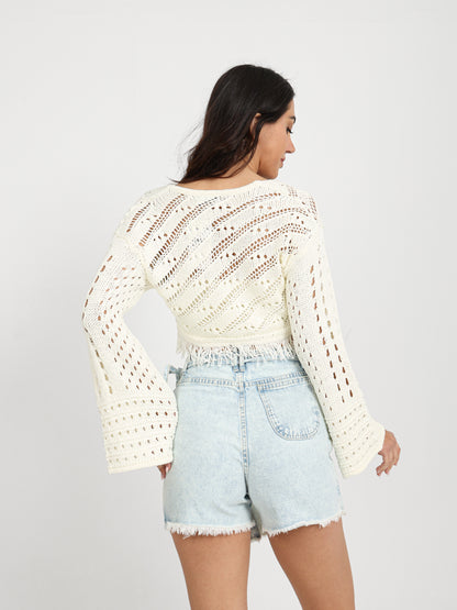 Cropped Bell-Sleeve Tie-Front Cardigan