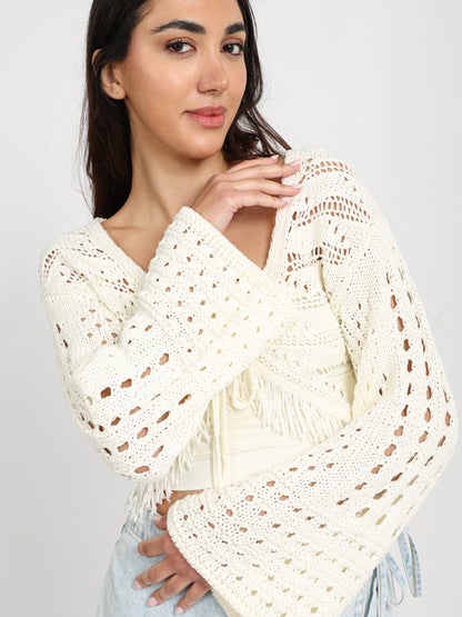 Cropped Bell-Sleeve Tie-Front Cardigan