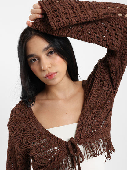 Cropped Bell-Sleeve Tie-Front Cardigan