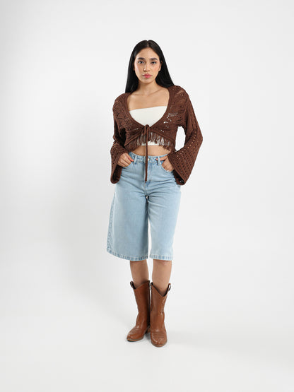 Cropped Bell-Sleeve Tie-Front Cardigan