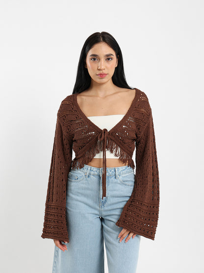 Cropped Bell-Sleeve Tie-Front Cardigan