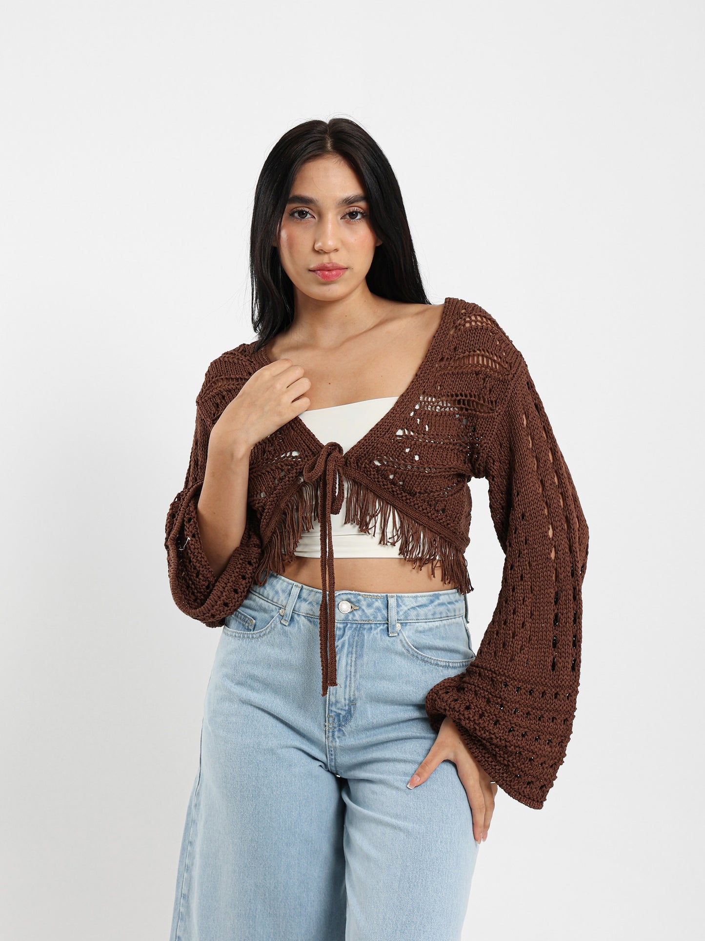 Cropped Bell-Sleeve Tie-Front Cardigan