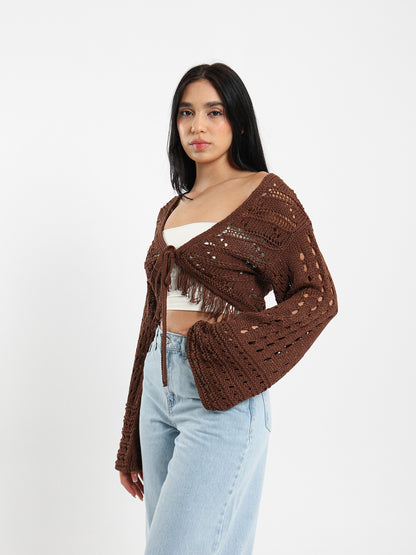 Cropped Bell-Sleeve Tie-Front Cardigan