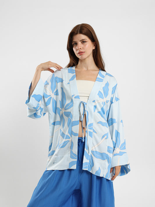 Floral Print Loose Kimono With Front Tie