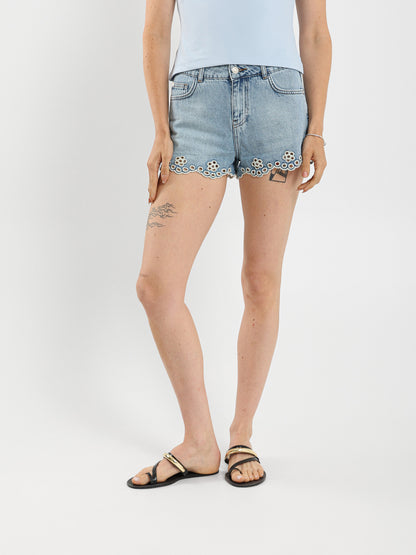 Denim Shorts With Floral Embroidery On Hem
