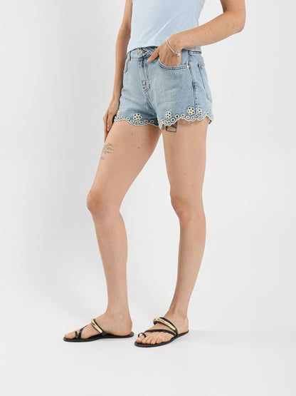 Denim Shorts With Floral Embroidery On Hem