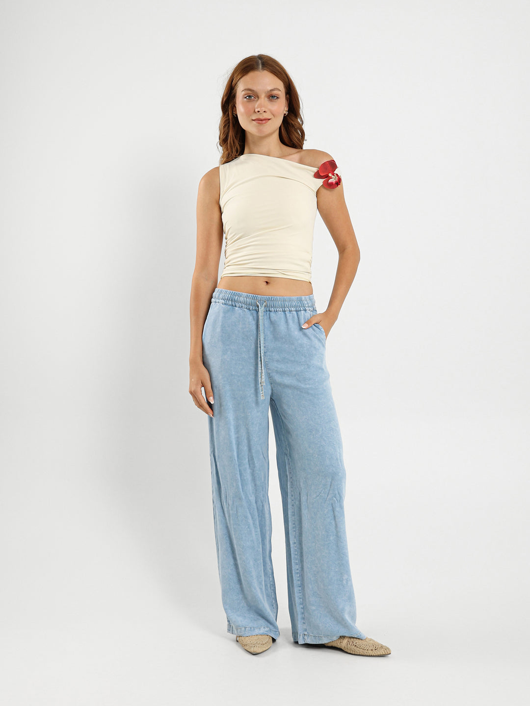 Off-Shoulder Top With Flower Trim