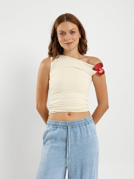Off-Shoulder Top With Flower Trim