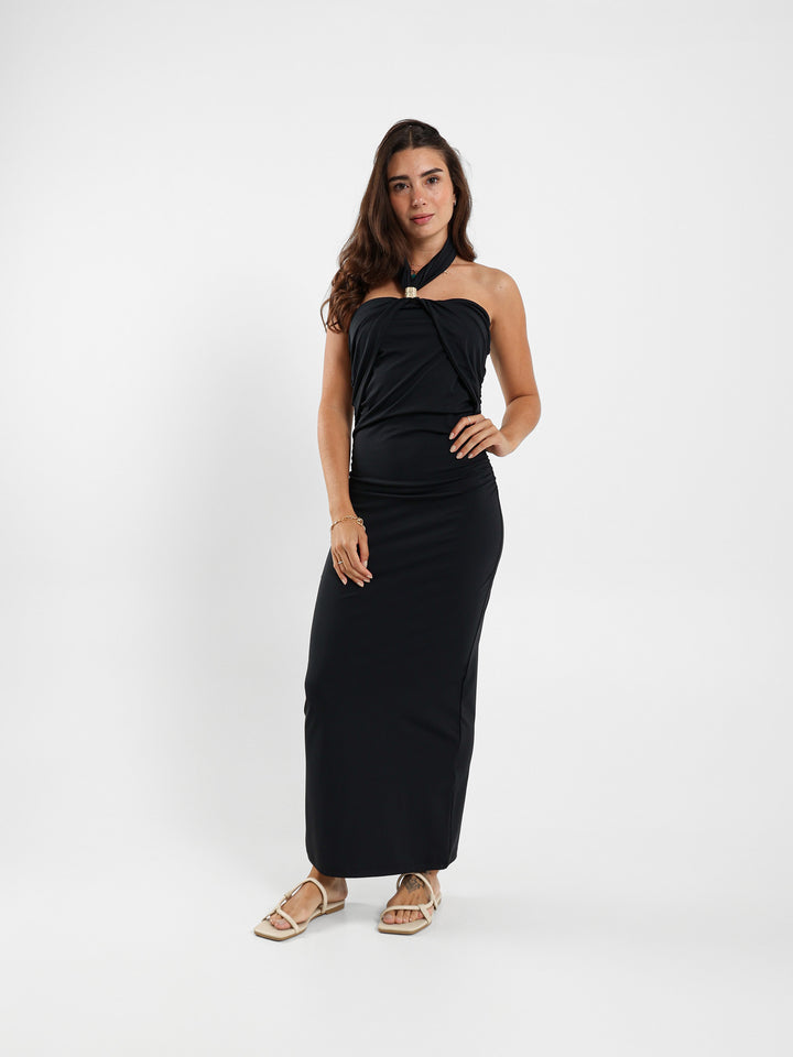 Fitted Midi Dress With Ruching And Gold Neck Detail