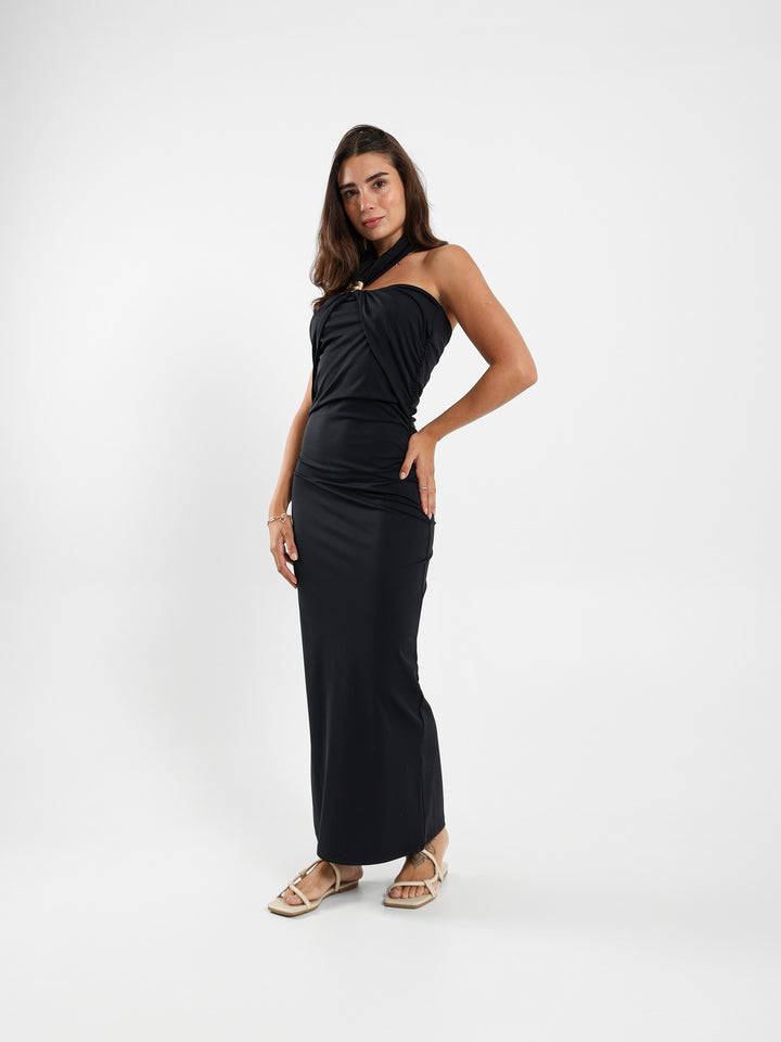 Fitted Midi Dress With Ruching And Gold Neck Detail