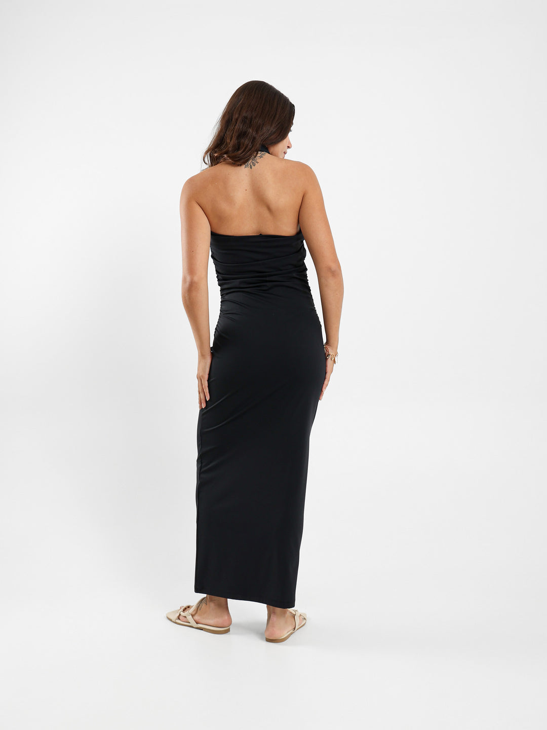 Fitted Midi Dress With Ruching And Gold Neck Detail