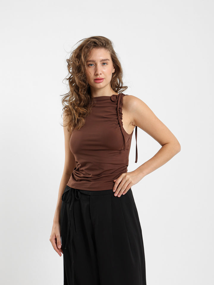 Asymmetric Neck Tie Sleeveless Top
