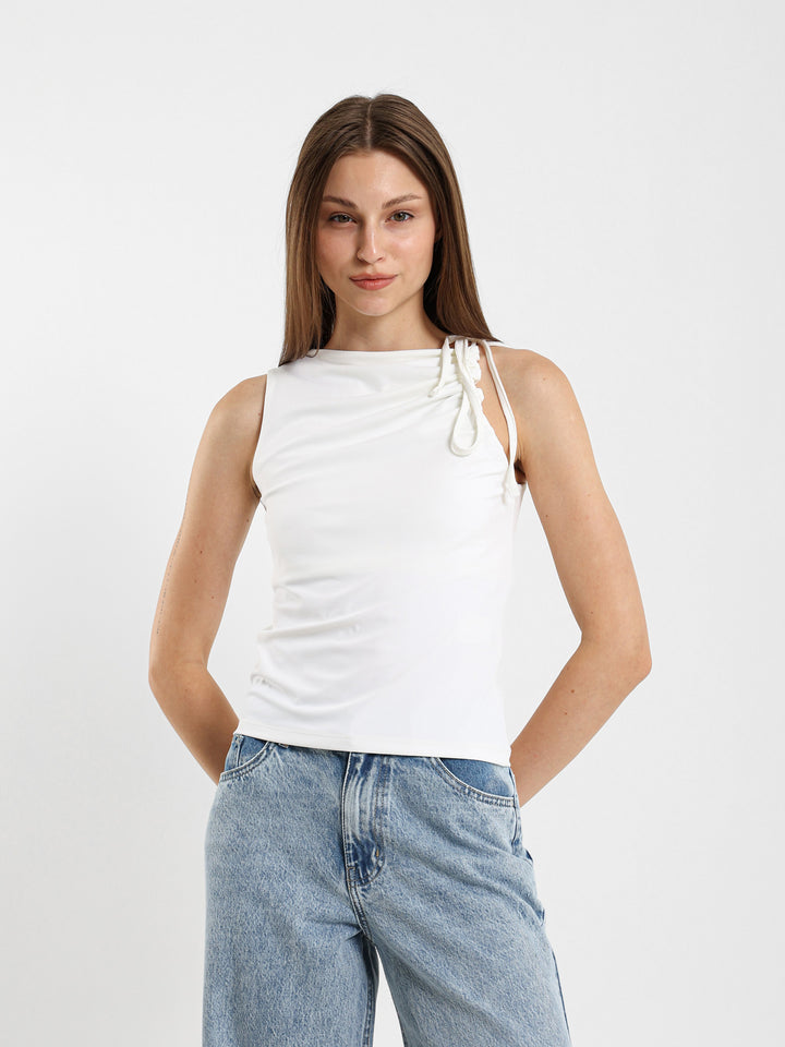 Asymmetric Neck Tie Sleeveless Top