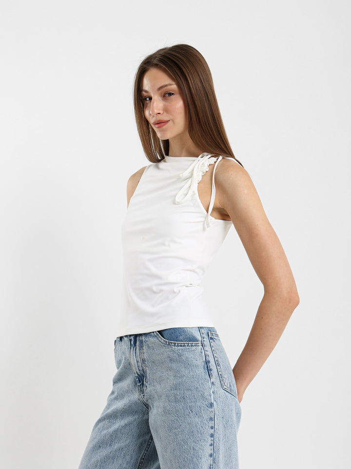 Asymmetric Neck Tie Sleeveless Top