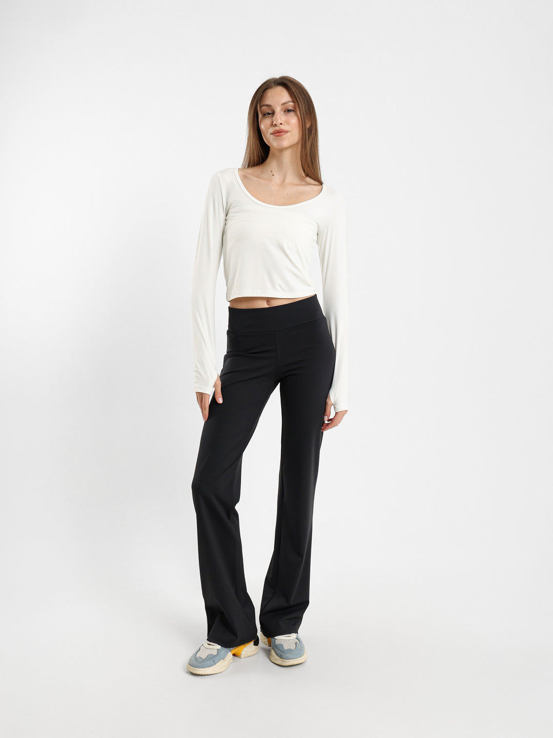 Square Neck Long Sleeve Top With Thumb Hole