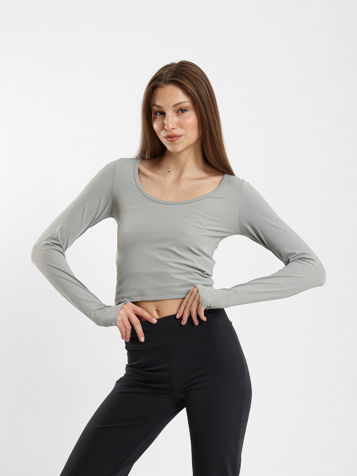 Square Neck Long Sleeve Top With Thumb Hole