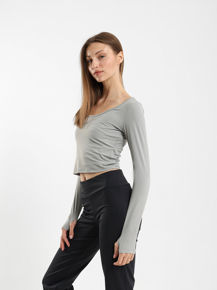 Square Neck Long Sleeve Top With Thumb Hole