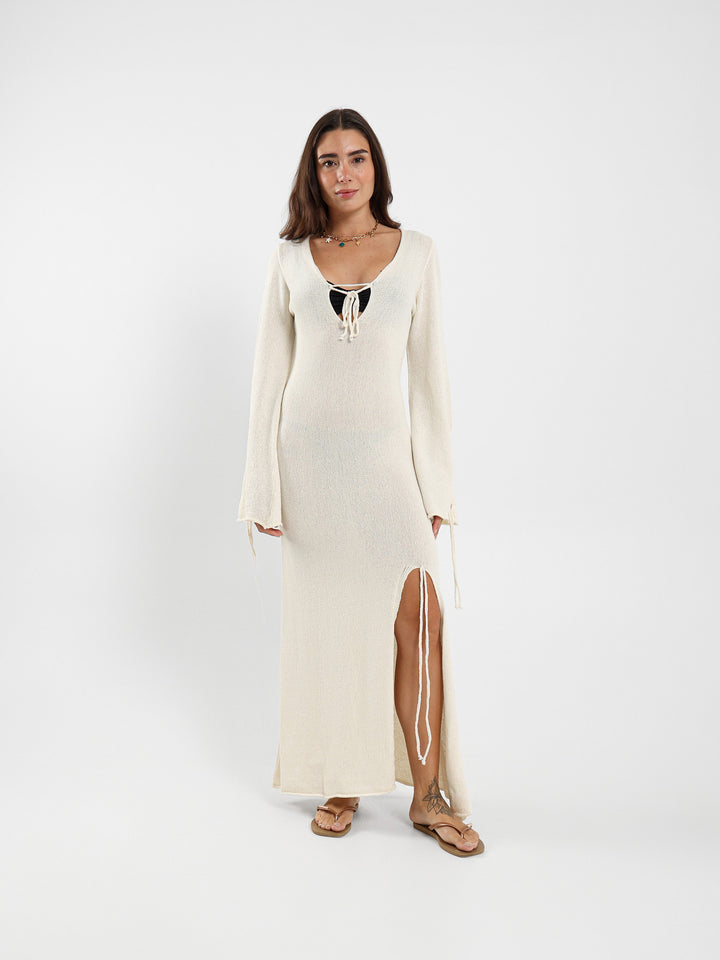 Long Sleeve Tie-Detail Tricot Maxi Dress