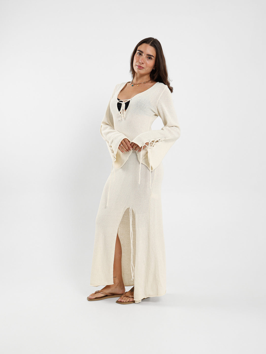 Long Sleeve Tie-Detail Tricot Maxi Dress