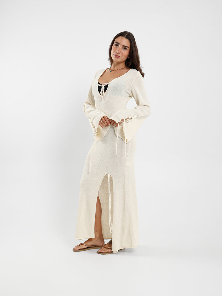 Long Sleeve Tie-Detail Tricot Maxi Dress