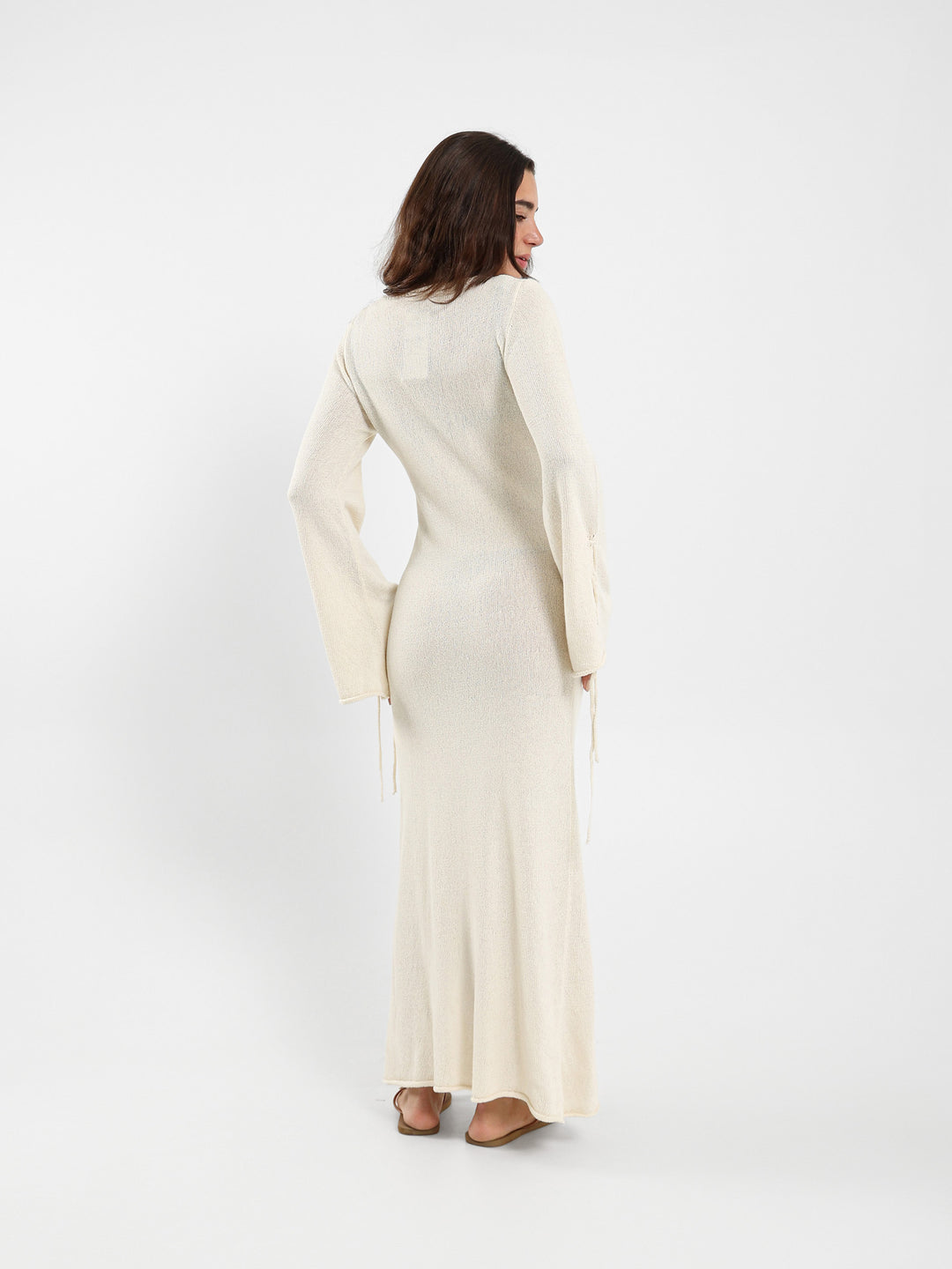 Long Sleeve Tie-Detail Tricot Maxi Dress