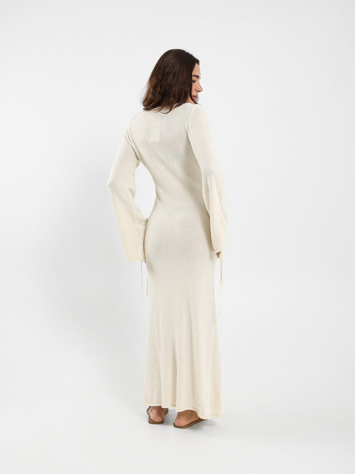 Long Sleeve Tie-Detail Tricot Maxi Dress