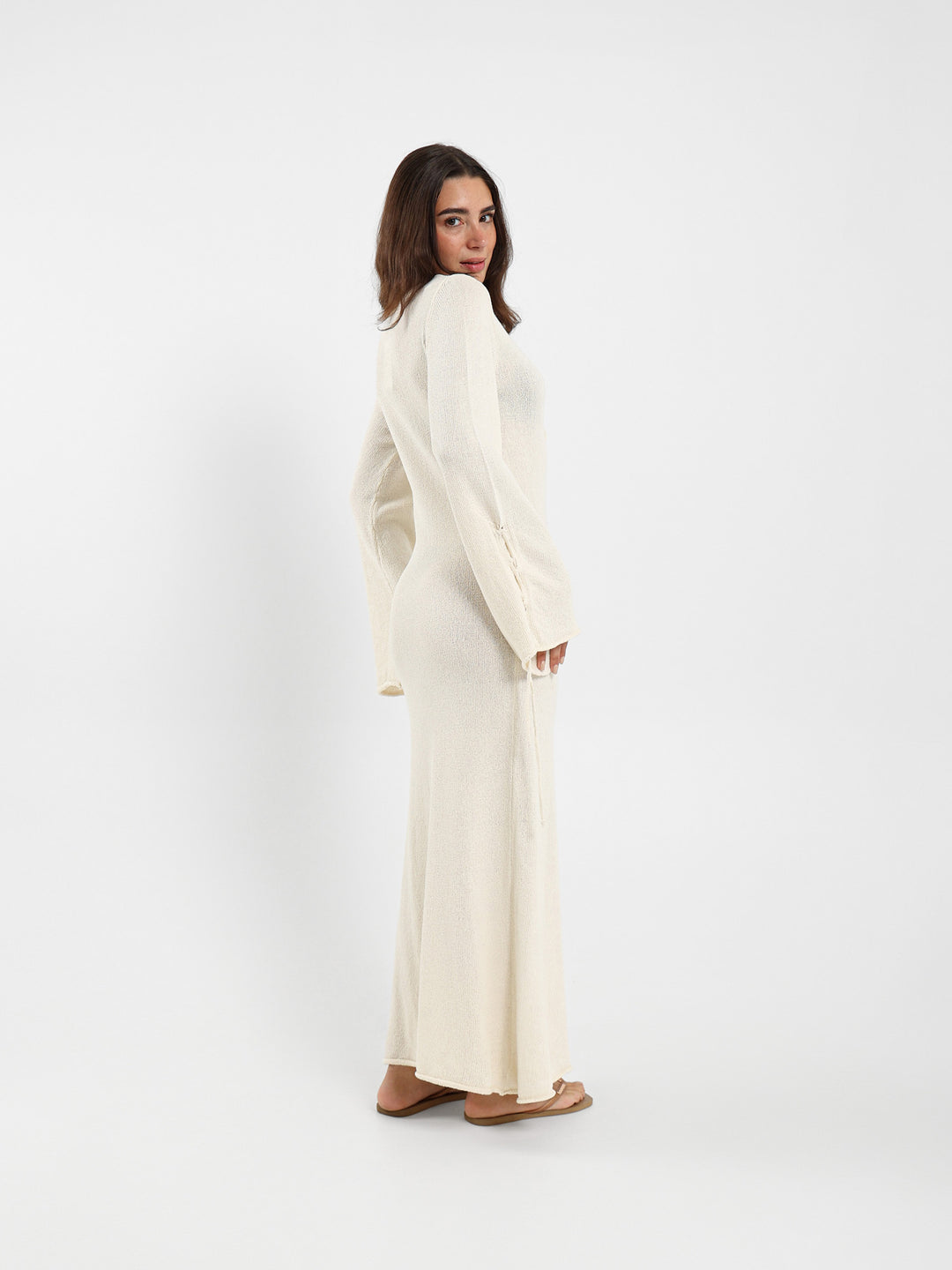 Long Sleeve Tie-Detail Tricot Maxi Dress