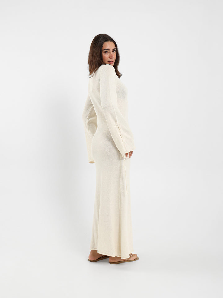Long Sleeve Tie-Detail Tricot Maxi Dress
