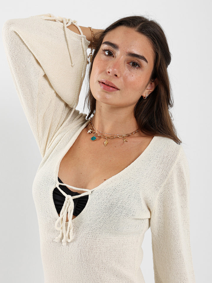 Long Sleeve Tie-Detail Tricot Maxi Dress