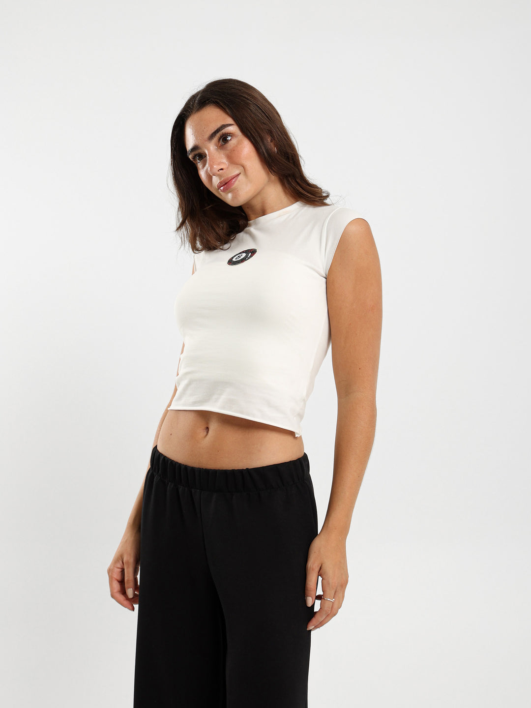 8 Ball Beaded Badge Print Fitted T-Shirt