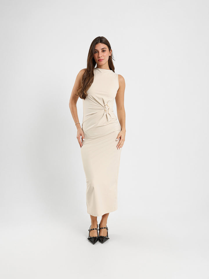 Straight Maxi Dress With Gold Buckle Waist