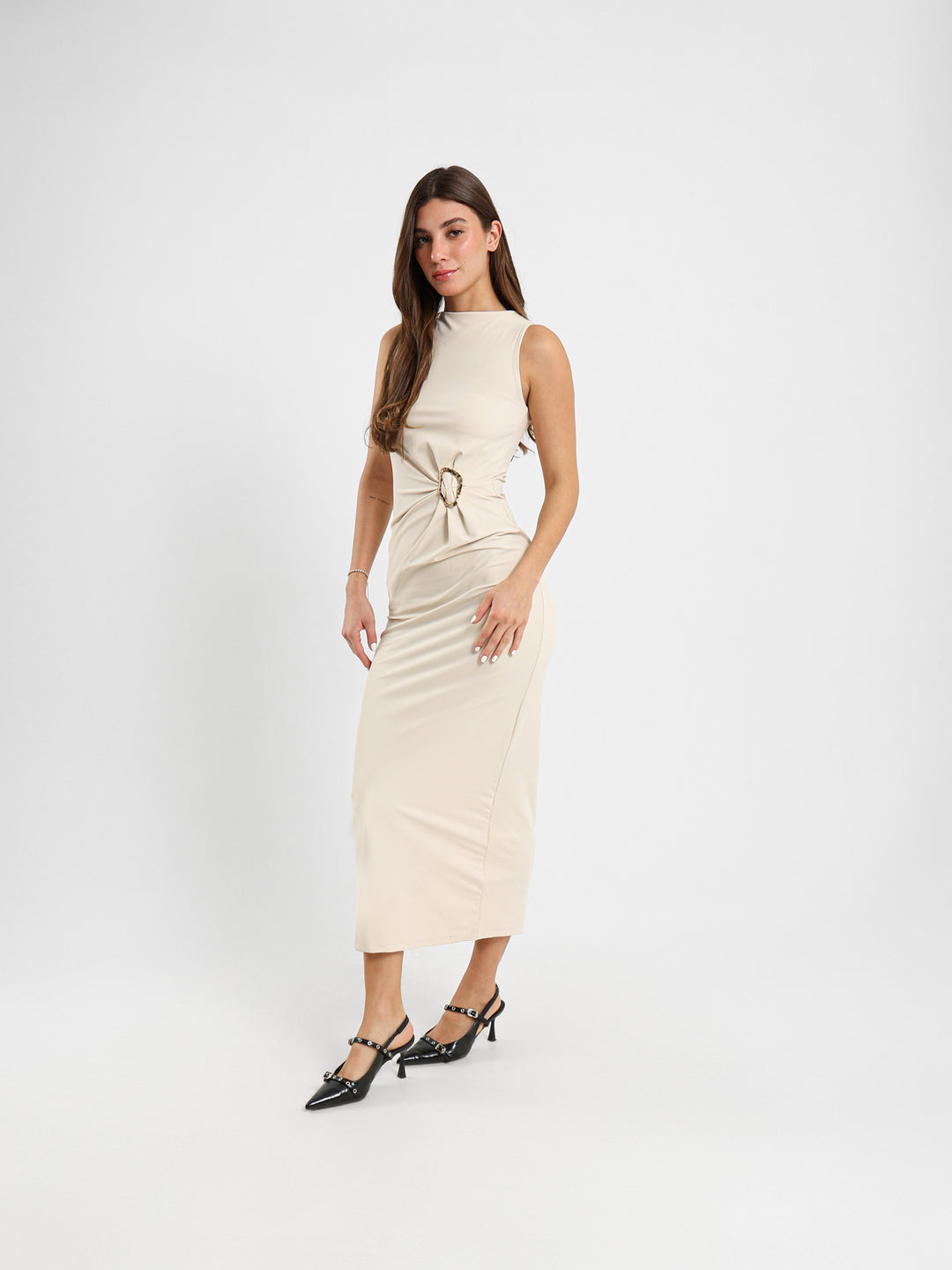 Straight Maxi Dress With Gold Buckle Waist